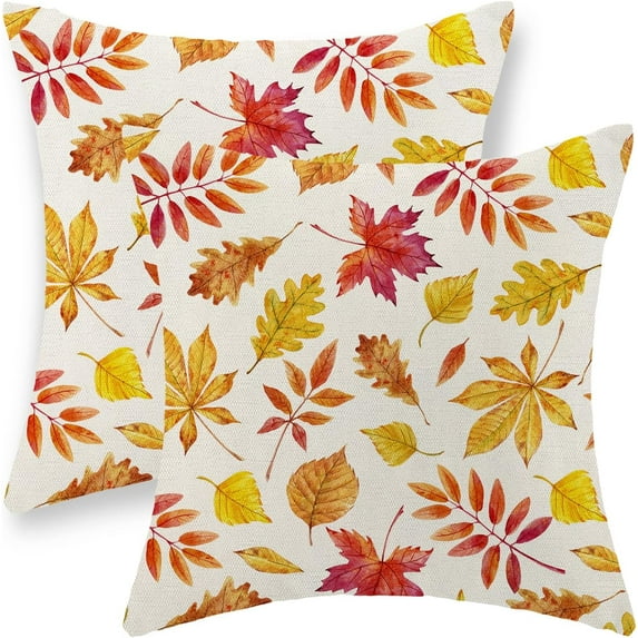 Fall Pillow Covers 18x18 Inch Set of 2 Orange Maple Leaf Pillowcase Autumn Harvest Thanksgiving Decorations Outdoor Throw Pillow Covers Farmhouse Linen Fall Decor Cushion Case for Home Sofa