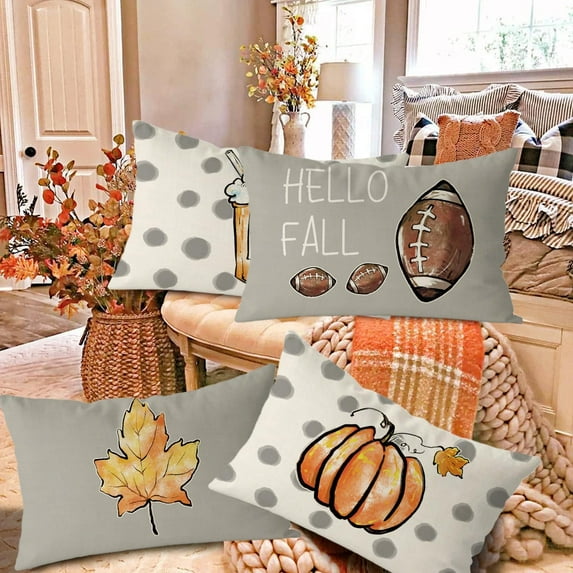 Fall Pillow Covers 18x18 Inch Set of 4 Fall Football Pumpkin Maple Leaf Throw Pillowcase Holiday Home Decor Sofa Bedroom Cushion Case Outdoor Indoor Decorations