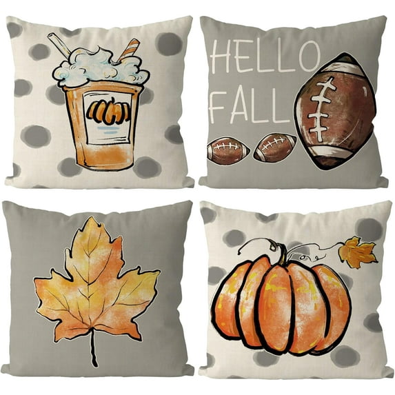 Fall Pillow Covers 18x18 Inch Set of 4 Fall Football Pumpkin Maple Leaf Throw Pillowcase Holiday Home Decor Sofa Bedroom Cushion Case Outdoor Indoor Decorations