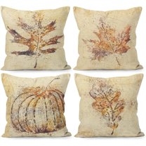 Fall Pillow Covers 18x18, Rustic Pumpkin Fall Maple Leaves Harvest Linen Throw Pillow Covers Set of 4, Farmhouse Fall Autumn Thanksgiving Gifts for Home Room Bedroom