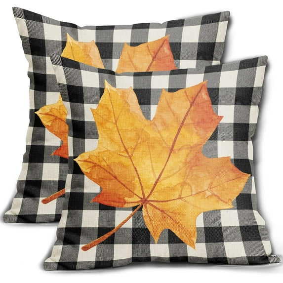 Fall Pillow Covers 18x18 Set of 2 Autumn Fallen Leaves Maple Leaf Print Black Buffalo Plaid Throw Pillows Thanksgiving Outdoor Decorative Outdoor Pillowcase Linen Square Cushion Cover for Couch Sofa