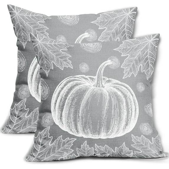 Fall Pillow Covers 18x18 Set of 2 Autumn Grey White Pumpkin Maple Leaf Print Decorative Throw Pillows Outdoor Thanksgiving Harvest PillowCase Farmhouse Linen Cushion Case Decor for Sofa Couch Bed