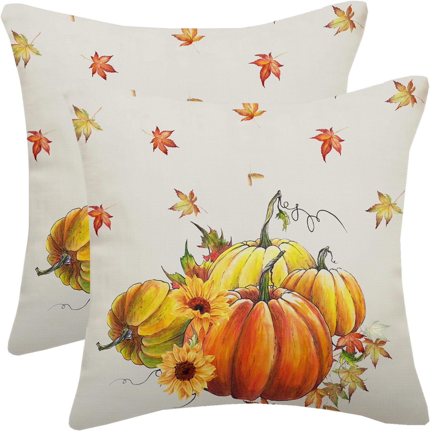 Thanksgiving Maple Leaves Lumbar Pillow Covers Set Of 2 - Fall Rectangular Pillow Cases Blue Beige White Stripes Autumn Decor