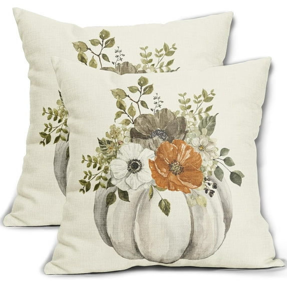 Fall Pillow Covers 18x18 Set of 2 Autumn Watercolor Pumpkin Flower Leaves Print Throw Pillows Thanksgiving Outdoor Decorative Case Linen Cushion Farmhouse Decor for Home Couch Sofa Bed