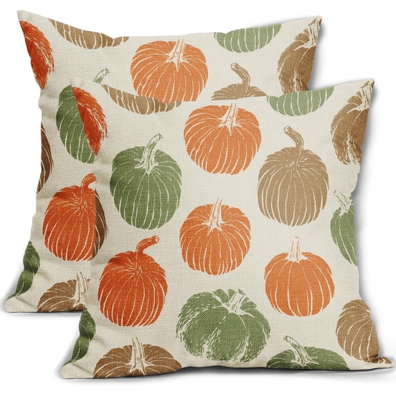 Fall Pillow Covers 18x18 Set of 2 Balck Pumpkin Autumn Themed Thanksgiving Harvest Print Decorative Throw Pillows Outdoor Pillowcase Farmhouse Linen Cushion Case Decor for Sofa Couch Bed