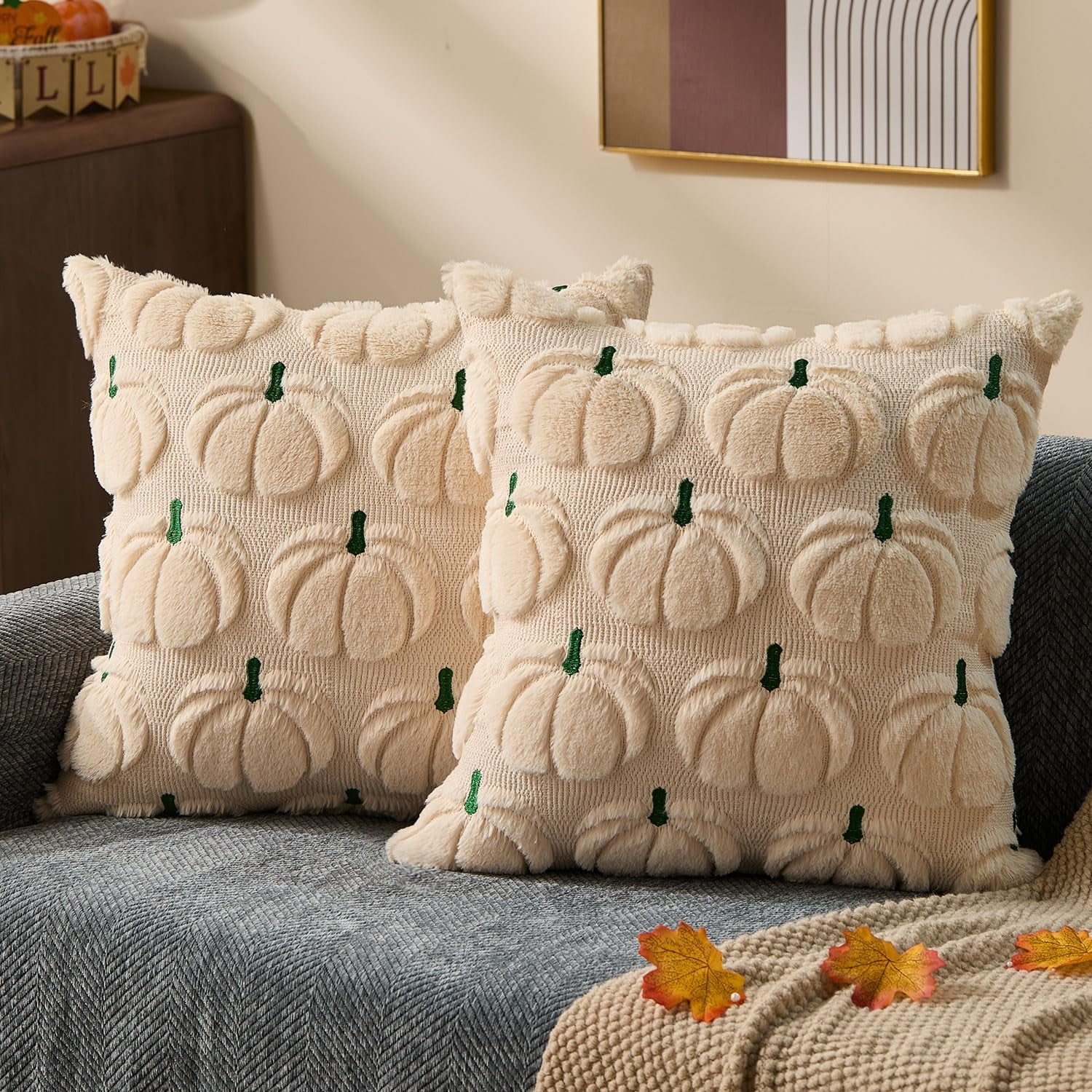LOMCHEN Fall Embroidered Pumpkin Pillow Covers - 18x18 Inch Set Of 2, Plush Faux Fur