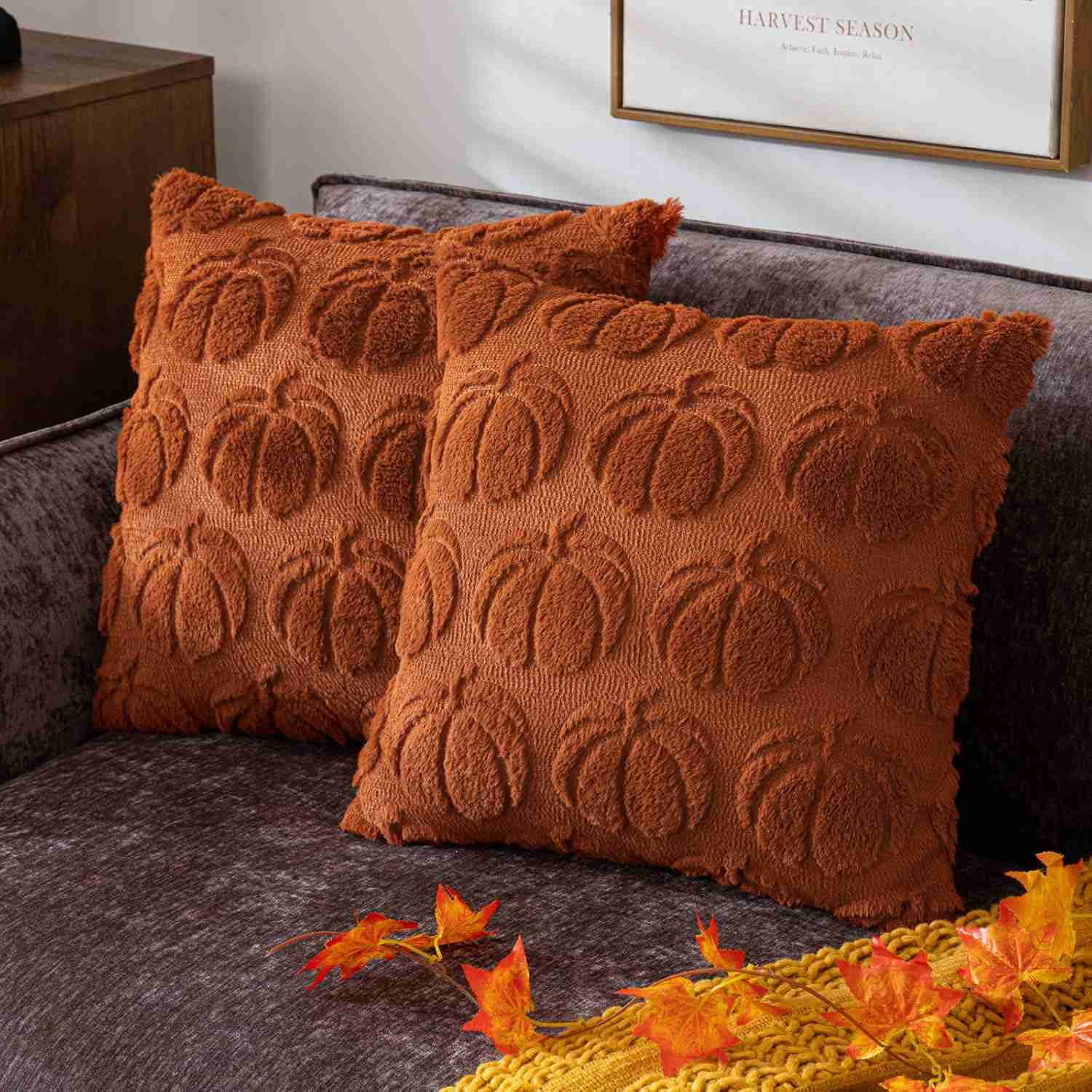 Fall Pillow Covers 18x18 Set of 2 Fall Decorations Thanksgiving Autumn Pumpkin Throw Pillow Cases Soft Plush Faux Fur Wool Couch Cushion Case for Chair Sofa Bedroom Living Room Home Decor