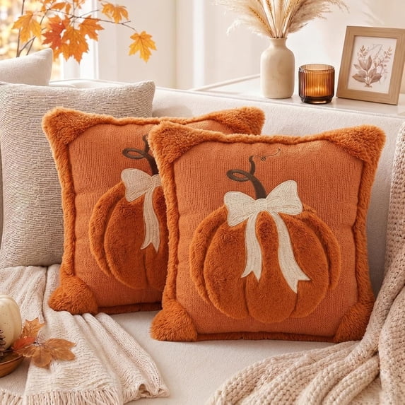 Fall Pillow Covers 18x18 Set of 2, Halloween Pillow Covers Embroidered Pumpkin with Bow Pillow Cases, Soft Faux Fur Textured Cozy Decorative Cushion Cases for Couch Farmhouse Thanksgiving Decor