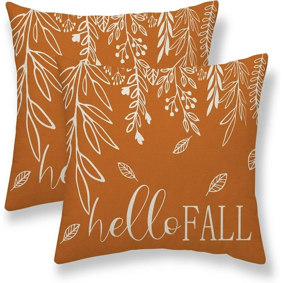 Fall Pillow Covers 18x18 Set of 2, Hello Fall Leaves Orange Decorative Outdoor Throw Pillow Covers Autumn Thanksgiving Farmhouse Cushion Case Linen Square for Home Couch Sofa