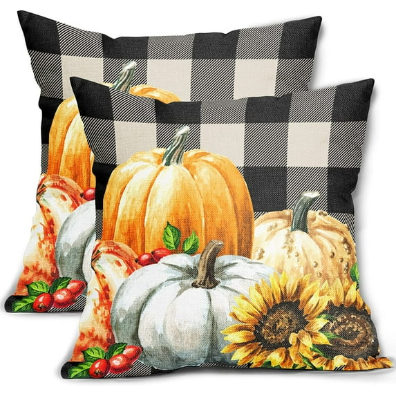 Fall Pillow Covers 18x18 Set of 2 Orange Grey Watercolor Punpkin Sunflowers Outdoor Plaid Throw Pillows Autumn Thanksgiving Decorative Pillowcase Linen Square Cushion Case Decor for Couch Sofa Bed
