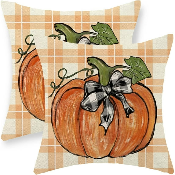 Fall Pillow Covers 18x18 Set of 2 Orange Pumpkin Leaf Buffalo Plaid Fall Decor Pillowcase Autumn Thanksgiving Decorative Outdoor Throw Pillow Covers Linen Farmhouse Cushion Case for Sofa Home