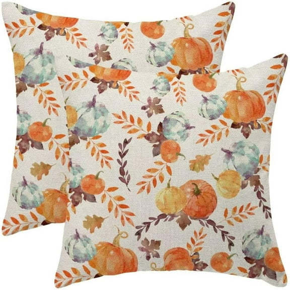 Fall Pillow Covers 18x18 Set of 2 Outdoor Watercolor Pumpkin Decorative Throw Pillow Linen Square Farmhouse Autumn Thanksgiving Harvest Cushion Cover Decor for Home Couch Sofa