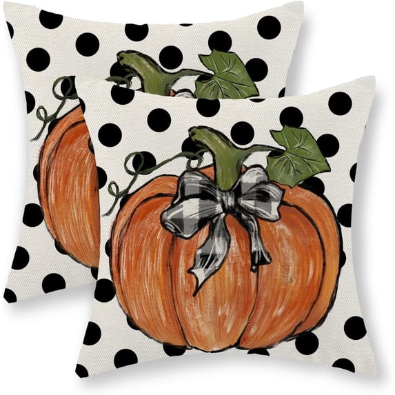 Fall Pillow Covers 18x18 Set of 2 Pumpkin Maple Leaves and Polka Dot Fall Decor Pillowcase Linen Autumn Thanksgiving Decorative Outdoor Throw Pillow Covers Farmhouse Cushion Case for Couch Home