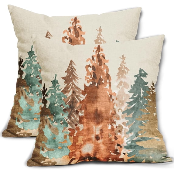 Fall Pillow Covers 18x18 Set of 2 Rustic Style Watercolor Tree Brown Blue Orange Autumn Color Nature Themed Forest Print Decorative Throw Pillows Outdoor Linen Cushion Case Decor for Sofa Couch Bed