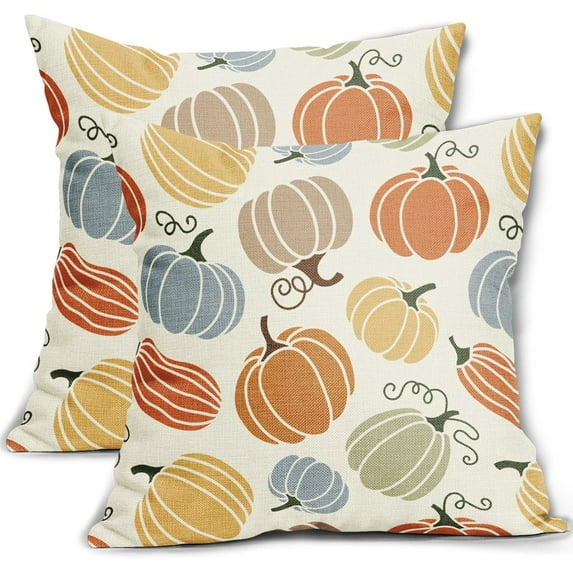 Fall Pillow Covers 18x18 Set of 2 Thanksgiving Themed Blue Yellow Orange Pumpkin Print Decorative Throw Pillows Outdoor Autumn Harvest PillowCase Farmhouse Linen Cushion Case Decor for Sofa Couch Bed