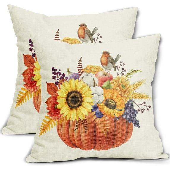 Fall Pillow Covers 18x18 Set of 2 Watercolor Orange Pumpkin Sunflower Throw Pillows Outdoor Autumn Thanksgiving Decorative Pillow Case Square Linen Cushion Covers Farmhouse Decor for Couch Sofa Bed