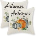 thumbnail image 1 of Fall Pillow Covers 18x18 Set of 2 Watercolor Pumpkin and Leaves Fall Decor Pillowcase Linen Autumn Thanksgiving Decorative Outdoor Throw Pillow Covers Farmhouse Cushion Case for Couch Home, 1 of 6