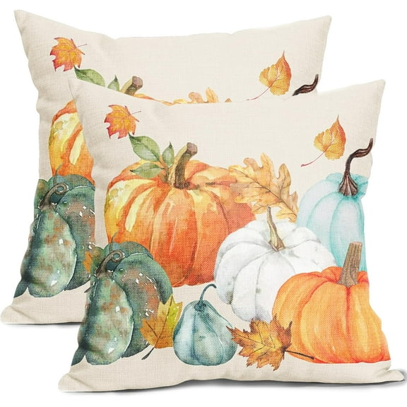 Fall Pillow Covers 18x18 Set of 2 Watercolor Pumpkin Maple Leaf Throw Autumn Thanksgiving Farmhouse Outdoor Pillowcases Cotton Linen Cushion For Couch Bed Sofa Chair Decor