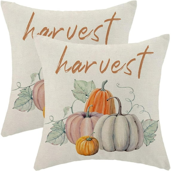 Fall Pillow Covers 18x18 Set of 2, Watercolor Pumpkin Pattern Fall Decorative Throw Pillows Linen Autumn Thanksgiving Decorations Farmhouse Cushion Pillow Covers for Sofa Couch Outdoor Decor