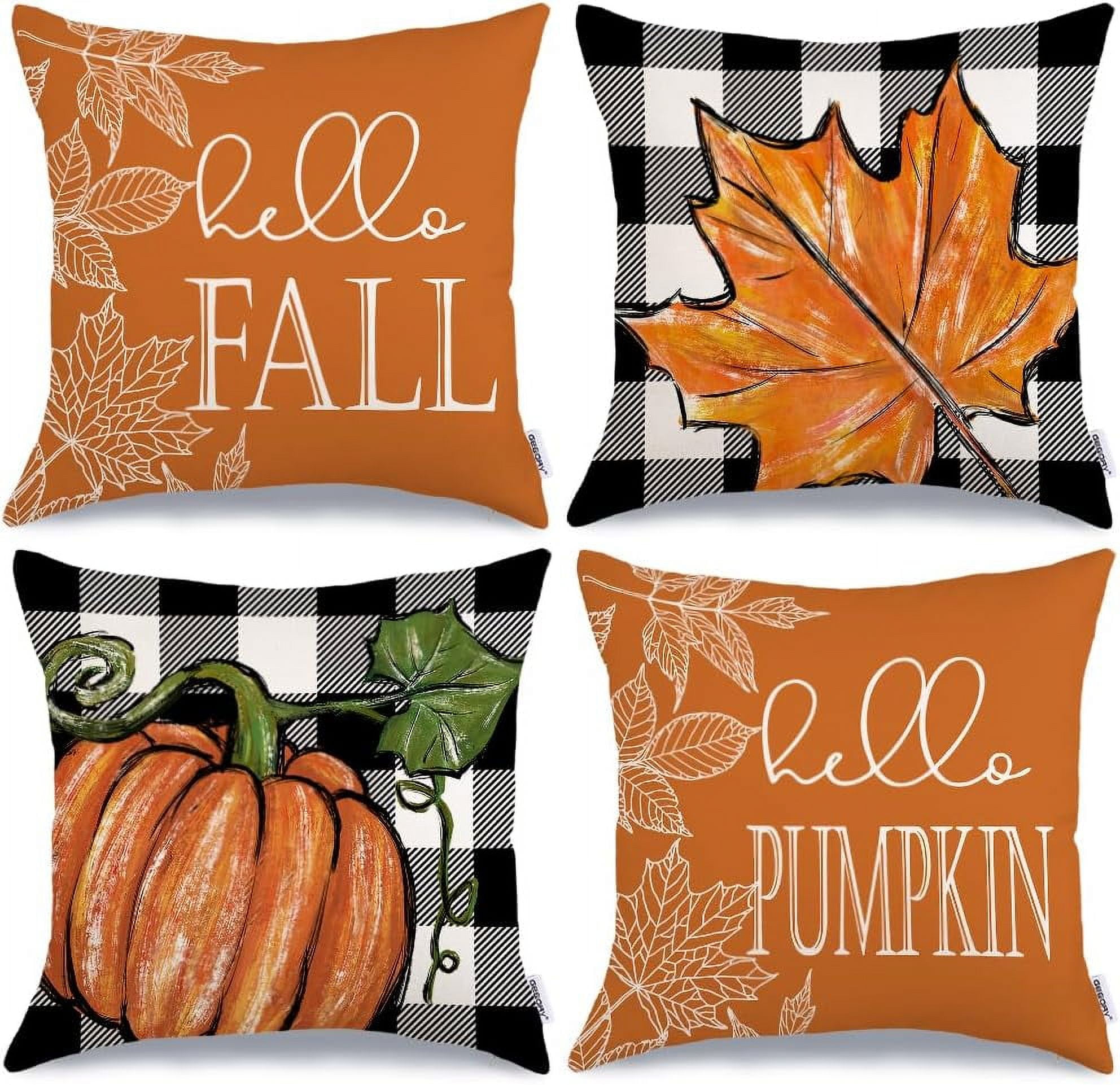 Orange Fall Pumpkin and Maple Leaves 18x18 Polyester Pillow Covers Set