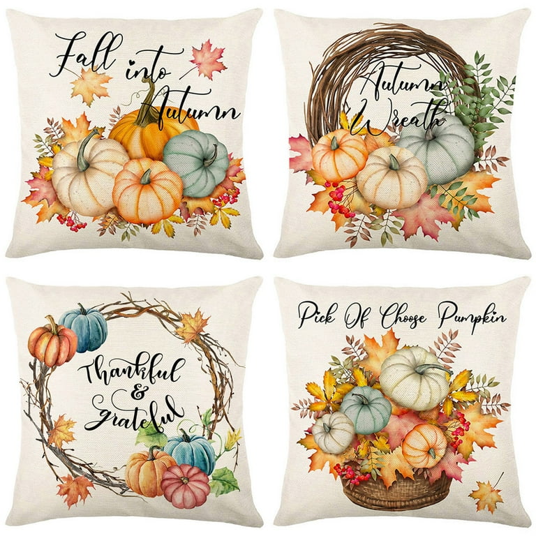 Fall Decor Throw Pillow Covers 18x18 Set of 4, Hello Autumn Pumpkin Black