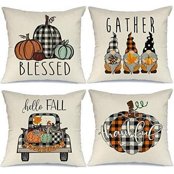 Fall Pillow Covers 18x18 Set of 4 for Fall Decor Farmhouse Thanksgiving Buffalo Check Plaid Gnomes Pumpkin Outdoor Fall Pillows Decorative Throw Pillows Autumn Cushion Cases for Couch