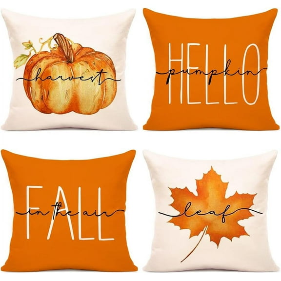 Fall Pillow Covers 18x18 Set of 4 for Fall Decor Pumpkin Maple Leaf Farmhouse Fall Pillows Decorative Pillow Covers for Fall Home Decor Outdoor Pillows Linen Fabric PillowCase for Couch Bed(Orange)