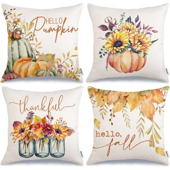 Fall Pillow Covers 18x18 Set of 4 for Fall Decor Pumpkin Maple Leaves Sunflower Vase Outdoor Fall Pillows Decorative Throw Pillows Farmhouse Thanksgiving Autumn Cushion Case for Couch A