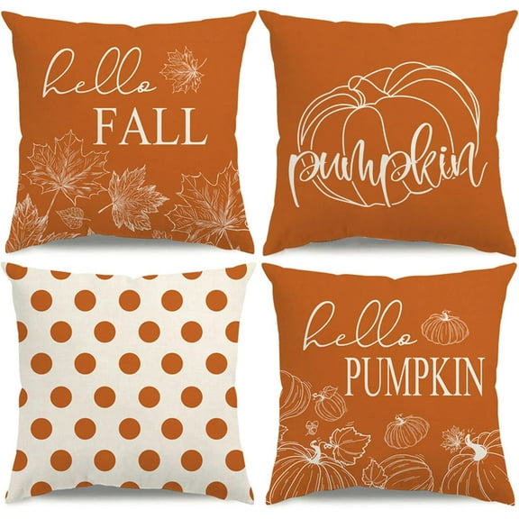 Fall Pillow Covers 18x18 Set of 4 Farmhouse Thanksgiving Decorations Hello Pumpkin Maple Leaf Orange Polka Dots Fall Outdoor Decorative Throw Pillow Covers Autumn Cushion Case for Couch Sofa