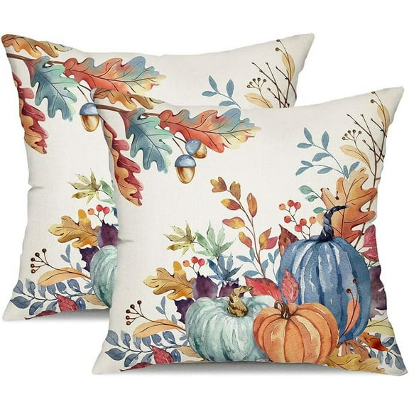 Fall Pillow Covers 18x18 inch Set of 2 Blue and Green Watercolor Pumpkin Fallen Leaves Decorative Throw Pillow Covers Autumn Thanksgiving Farmhouse Decoration for Home Couch 27