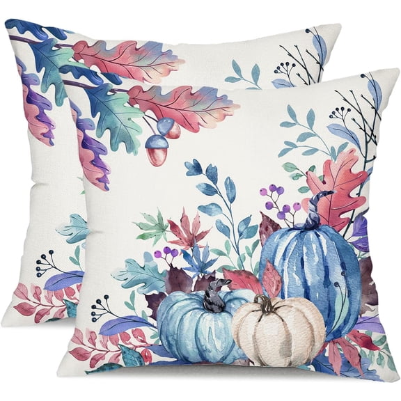 Fall Pillow Covers 18x18 inch Set of 2 Blue Watercolor Pumpkin Fallen Leaves Decorative Throw Pillow Covers Autumn Thanksgiving Farmhouse Decoration for Home Couch 27G