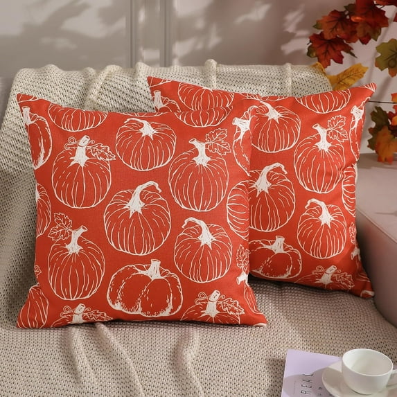 Fall Pillow Covers 18x18 inch Set of 2 Fall Decoration White Lines pumpkin decor Orange Autumn Pillow Cover Thanksgiving Decoration for Home Couch 125B