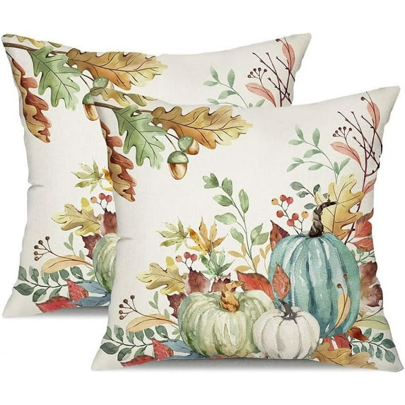 Fall Pillow Covers 18x18 inch Set of 2 Green Watercolor Pumpkin Fallen Leaves Decorative Throw Pillow Covers Autumn Thanksgiving Farmhouse Decoration for Home Couch TH27-F18