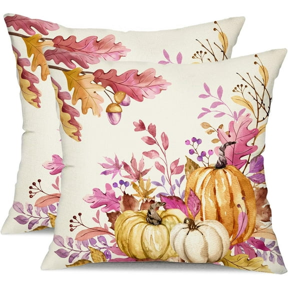 Fall Pillow Covers 18x18 inch Set of 2 Pink Orange Pumpkin Fallen Leaves Decorative Outdoor Throw PillowCovers Autumn Thanksgiving Farmhouse Decoration for Home Couch TH27-N18
