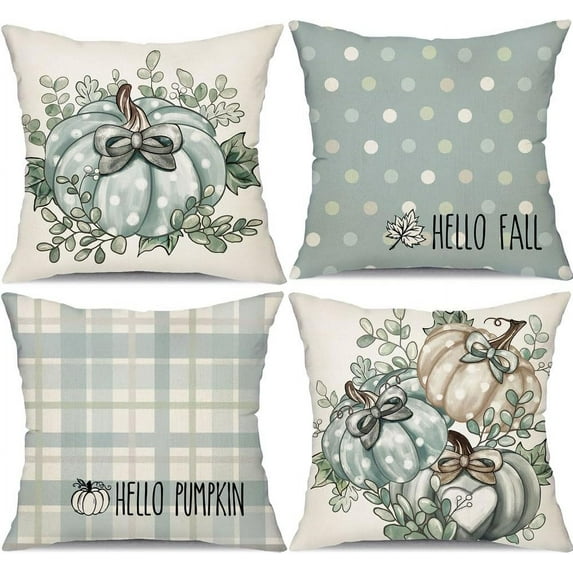 Fall Pillow Covers 18x18 inch Set of 4 Buffalo Plaid Fall Polka Dot Pumpkin Outdoor Throw Pillow Cover Autumn Thanksgiving Decoration for Home Couch Bed 099