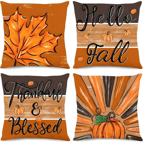 Fall Pillow Covers 18x18 inch Set of 4 Pumpkins Thankful Blessed Maple Leaves Autumn Decorative Throw Pillow Covers Farmhouse Cushion Case Harvest Decorations for Couch Sofa Home Outdoor
