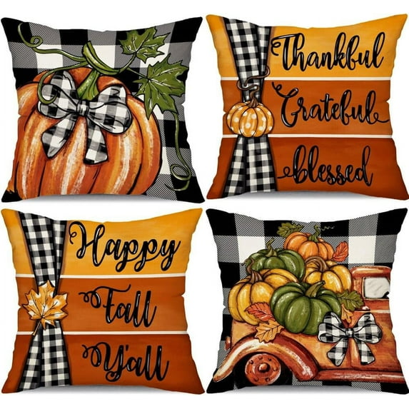 Fall Pillow Covers 18x18 inch Set of 4 Buffalo Check Pumpkin Truck Farmhouse Decorations Happy Fall Autumn Thanksgiving Decoration for Home couch 120