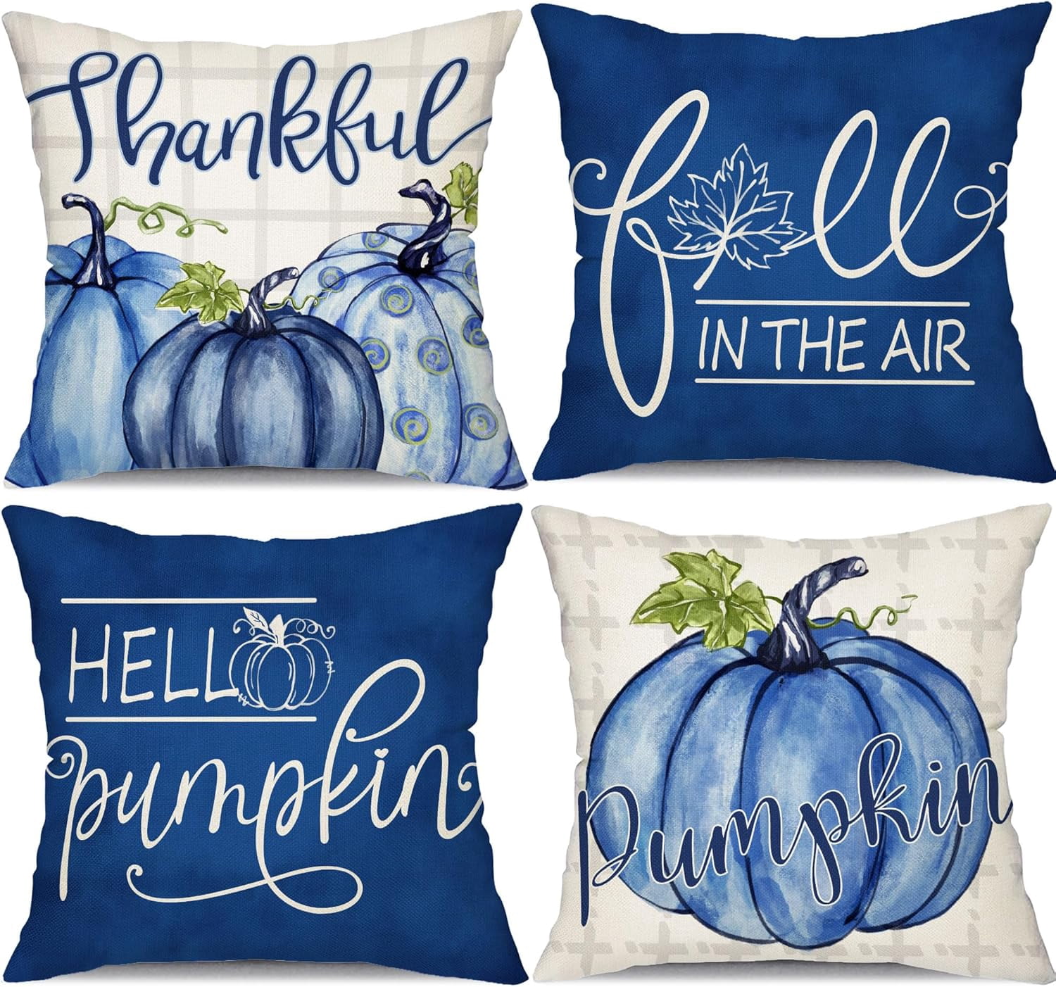 Fall Pillow Covers Set Of 4 — 18x18 Inch, Buffalo Plaid Blue Pumpkin Design, Giving Thanks Decor, Indoor/Outdoor