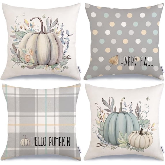 Fall Pillow Covers 20 x 20 Inch Set of 4, Striped Buffalo Plaid Polka Dots Pumpkins Leaves Decorative Farmhouse Throw Cushion Cases Indoor Decoration Home Decor for Sofa Couch Grey