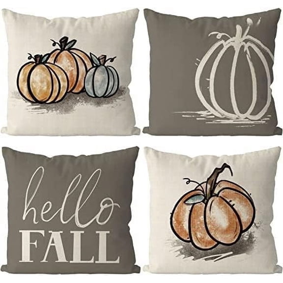 Fall Pillow Covers 20x20 Inch Pumpkins Grey Autumn Harvest Hello Fall Throw Pillowcase Holiday Home Decor Sofa Bedroom Cushion Case Outdoor Indoor Decorations Set of 4