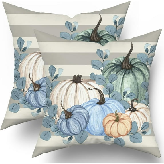Fall Pillow Covers 20x20 Inch Set of 2 Autumn White Blue Teal Pumpkin Eucalyptus Leaf Striped Decorative Throw Pillows Thanksgiving Pillow Case Cotton Cushion Cover Decor for Couch Bed Sofa
