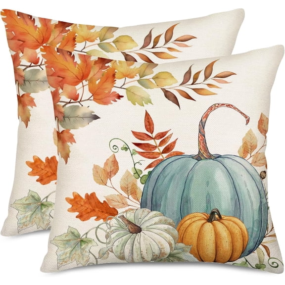 Fall Pillow Covers 20x20 Inch Set of 2 Blue Green Pumpkins Maple Leaves Autumn Decorations Farmhouse Throw Pillows Cushion Case Home Decor Harvest Thanksgiving Throw Pillow Cover