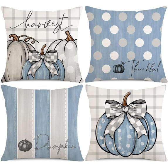 Fall Pillow Covers 20x20 Inch Set of 4 Stripes Polka Dots Buffalo Plaid Pumpkin Pillows Decorative Autumn Thanksgiving Harvest Thankful Throw Pillows Cushion Case Fall Decor F057-Blue 20