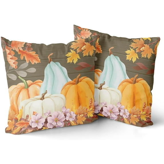 Fall Pillow Covers 20x20 Set of 2 Autumn Teal Orange White Pumpkin Fallen Leaves Floral Wooden Board Throw Pillows Thanksgiving Decorative Pillowcase Cotton Square Cushion Cover for Couch Sofa Bed