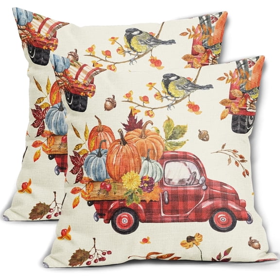 Fall Pillow Covers 20x20 Set of 2 Autumn Truck Pumpkin Leaf Bird Buffalo Plaid Print Throw Pillows Outdoor Decorative Case Square Linen Cushion Farmhouse Decor for Home Couch Sofa Bed
