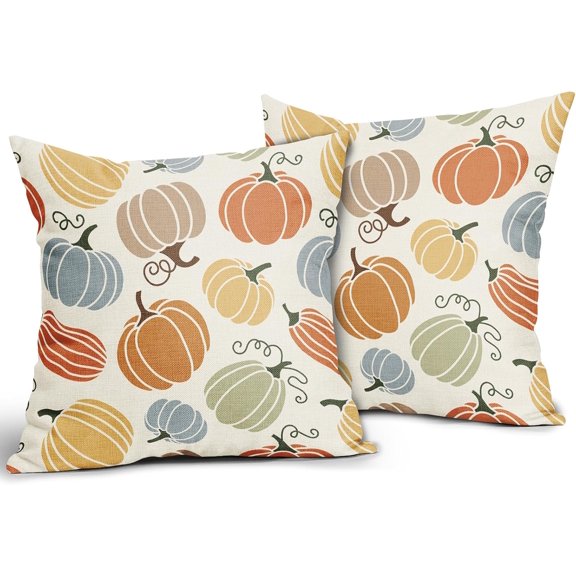 Fall Pillow Covers 20x20 Set of 2 Thanksgiving Themed Blue Yellow Orange Pumpkin Print Decorative Throw Pillows Outdoor Autumn Harvest PillowCase Farmhouse Linen Cushion Case Decor for Sofa Couch Bed
