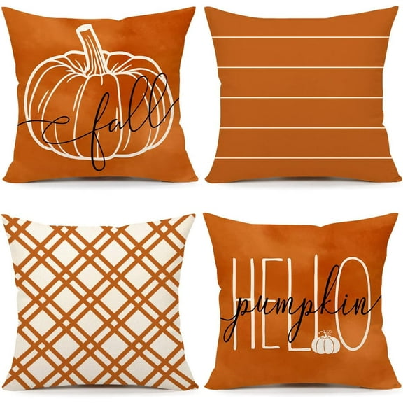 Fall Pillow Covers 20x20 Set of 4 Hello Pumpkin Farmhouse Decorations Orange Stripes Outdoor Autumn Thanksgiving Farm Pillows Decorative Case for Home Couch Decor S23F01-20