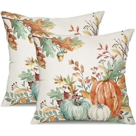 Fall Pillow Covers 20x20 inch Set of 2 Orange and Green Watercolor Pumpkin Fallen Leaves Decorative Throw Pillow Covers Autumn Thanksgiving Farmhouse Decoration for Home Couch TH27-D20