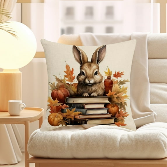 Fall Pillow Covers Decoration,18x18in Bunny Farmhouse Maple Leaves Thanksgiving Fall Flax Throw Pillows Cushion Case,Fall Throw Pillow Covers Couch Decor for Autumn Home Outdoor Easter Decorations