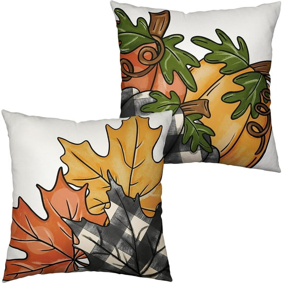 Fall Pillow Covers Pumplin Pillow Covers 16x16 Autumn Decorative Pillow Case Maple Leaves Buffalo Plaid Pillow Covers Cotton Linen Farmhouse Pillowcase for Living Room Couch Sofa Set of 2